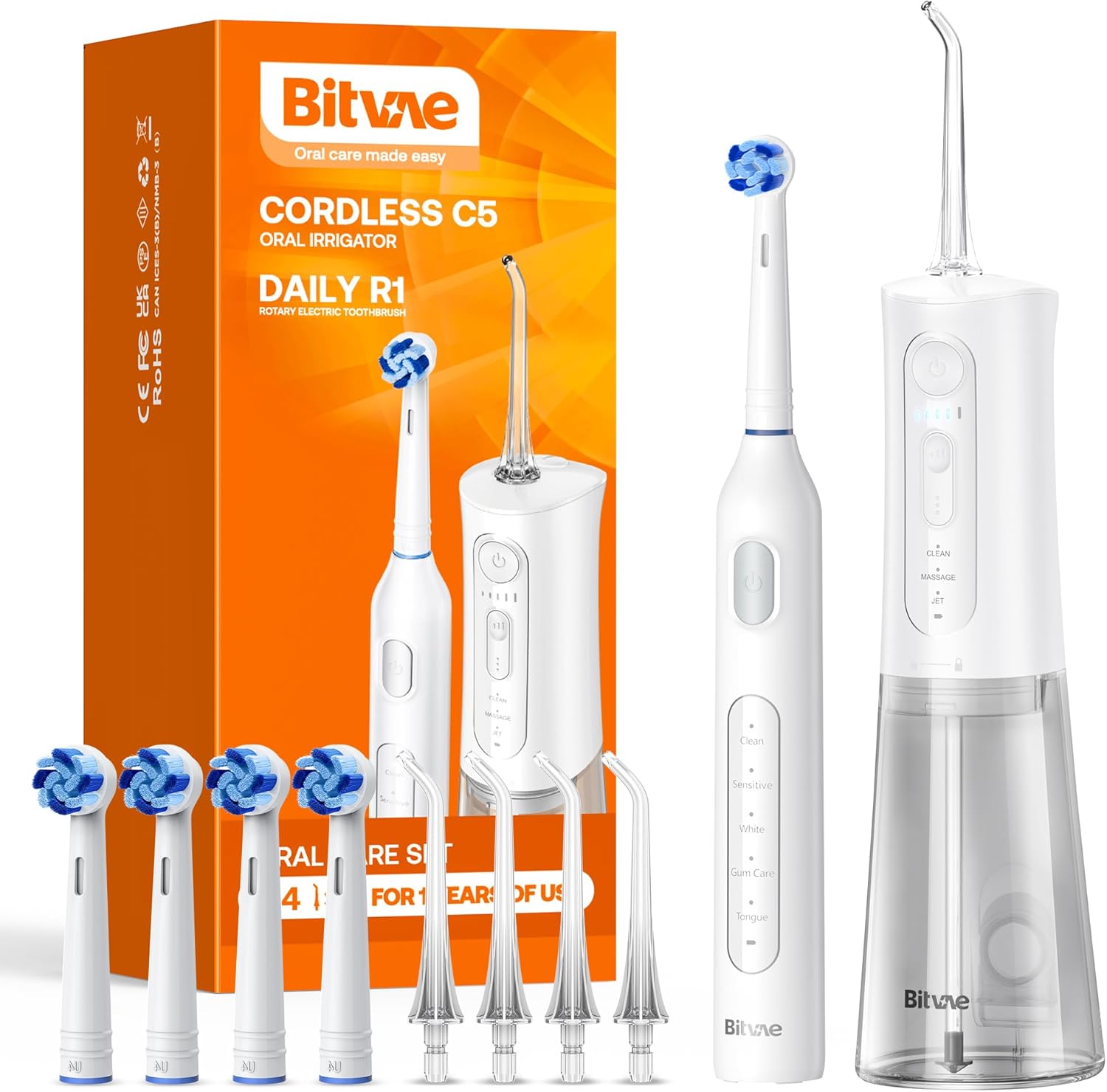 Bitvae Water Dental Flosser Teeth Picks, Cordless Water Flosser for Teeth, Braces, Dental Care and Rechargeable Rotary Electric Toothbrush Combo Set, 4 Tips, 4 Brush Heads, Waterproof, White, C5+R1