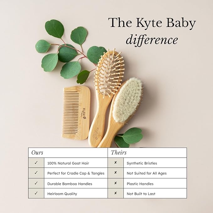 Kyte BABY Bamboo 3-Piece Brush Set - 1 Goat Hair Brush, 1 Wooden Bristle Brush and 1 Bamboo Comb