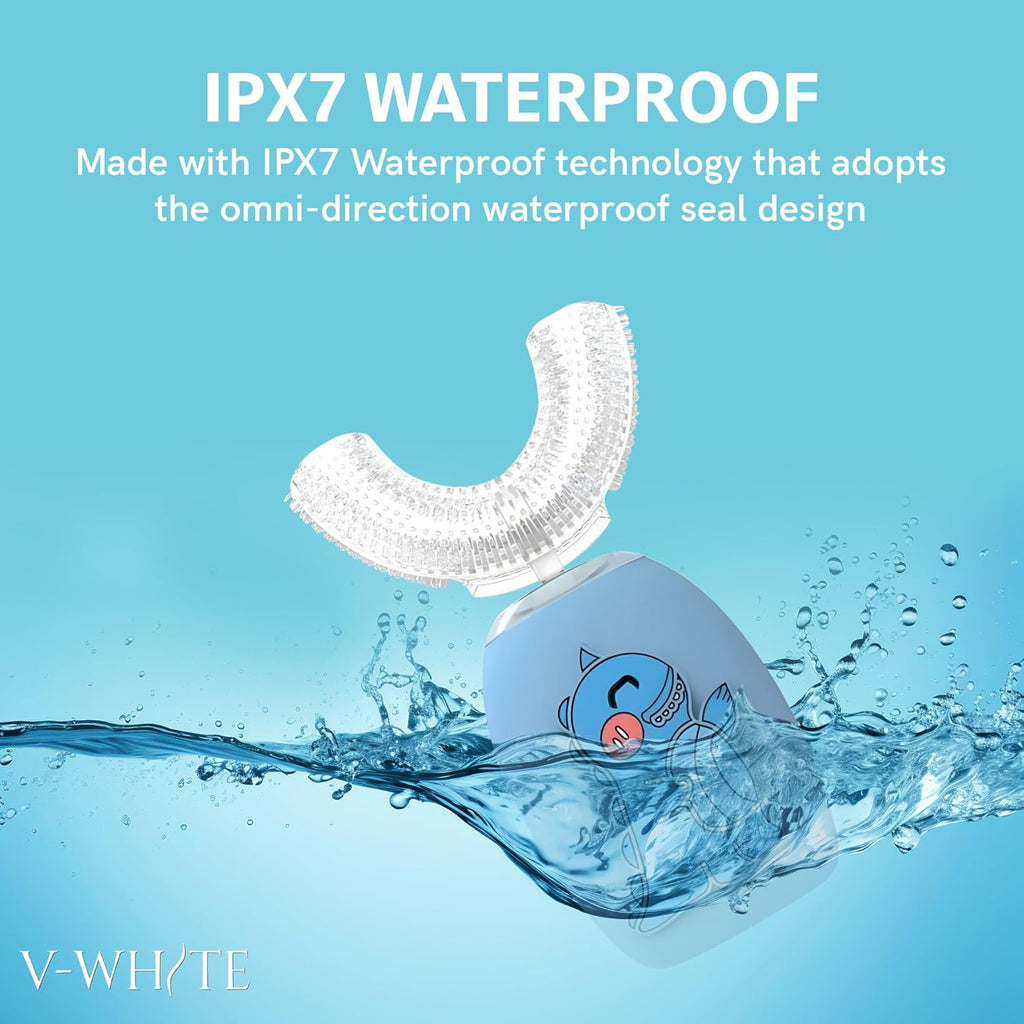 V-WHITE Electric Toothbrush Kids- Ultrasonic U-Shaped Toothbrushes for Teeth Whitening - 360° Mouth Cleansing, Hands Free Gums Protection - Wireless Charging & LED Light - Waterproof IPX7 Certified