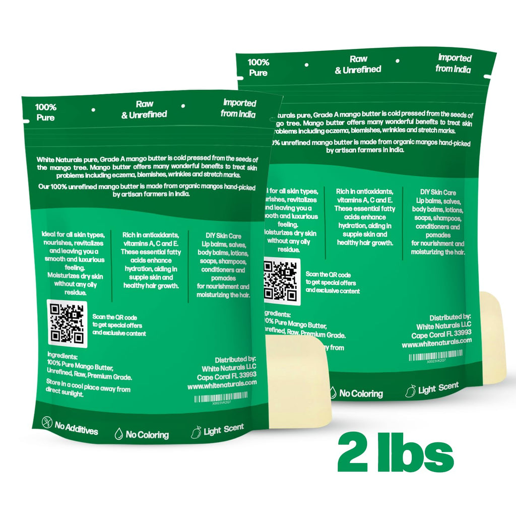 Unrefined Organic Mango Butter 2 lb (Each In 1lb Bags) Raw, Natural, Pure, Use Alone or in DIY Whipped Body Butters, Soap base, Lotions, Lip Balms, Hair Masks