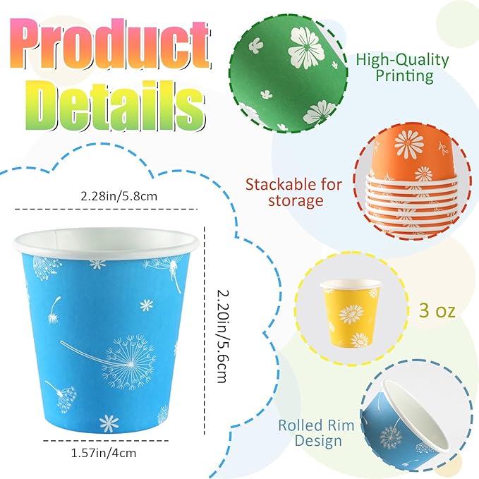 500 Pack 3oz Disposable Paper Bathroom Cups, Colourful Floral Mouthwash Cups for Mouthwash, Parties, Travel, Office, Picnic and Events