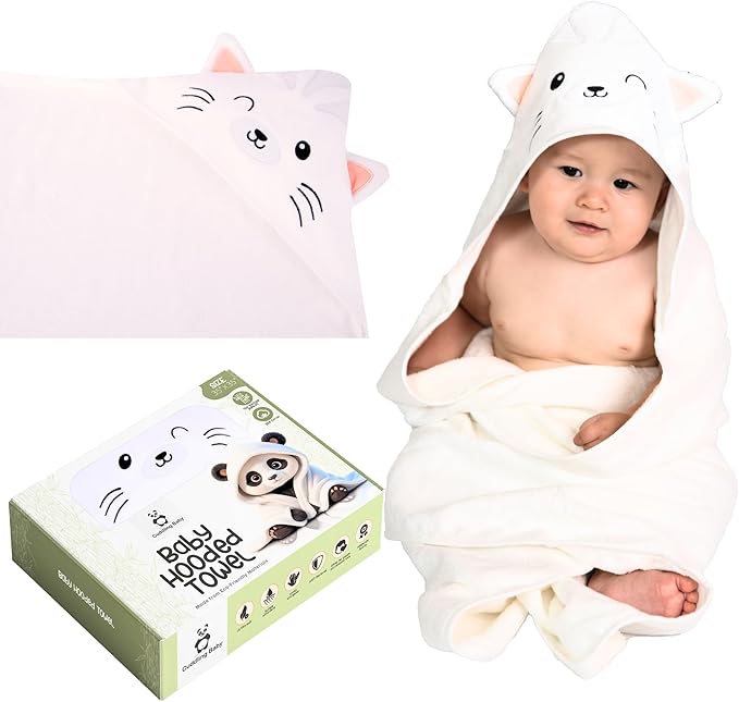 Premium Hooded Towel - 500GSM Viscose derived from Bamboo Cotton Baby Towels- Ultra Soft & Absorbent, Extra Large 35” x 35”, Hypoallergenic, Machine Washable Toddler Towel - Cat