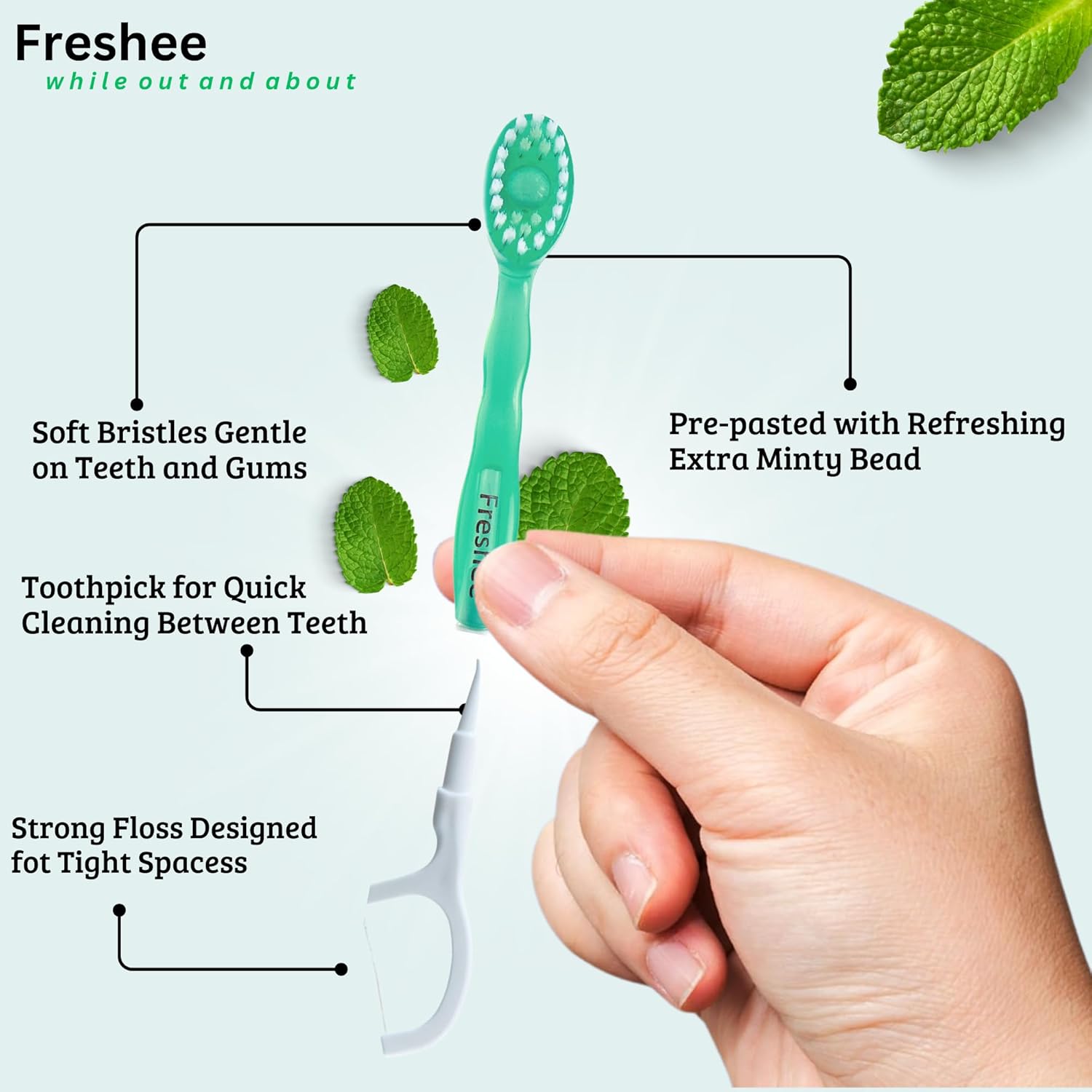 Freshee Bead -5 in 1 Disposable Mini Toothbrush with Toothpaste Bead + Floss + Pick + Tongue Scraper | Travel Size | Individually Wrapped | Soft | Extra Mint | Travel Set | Oral Care