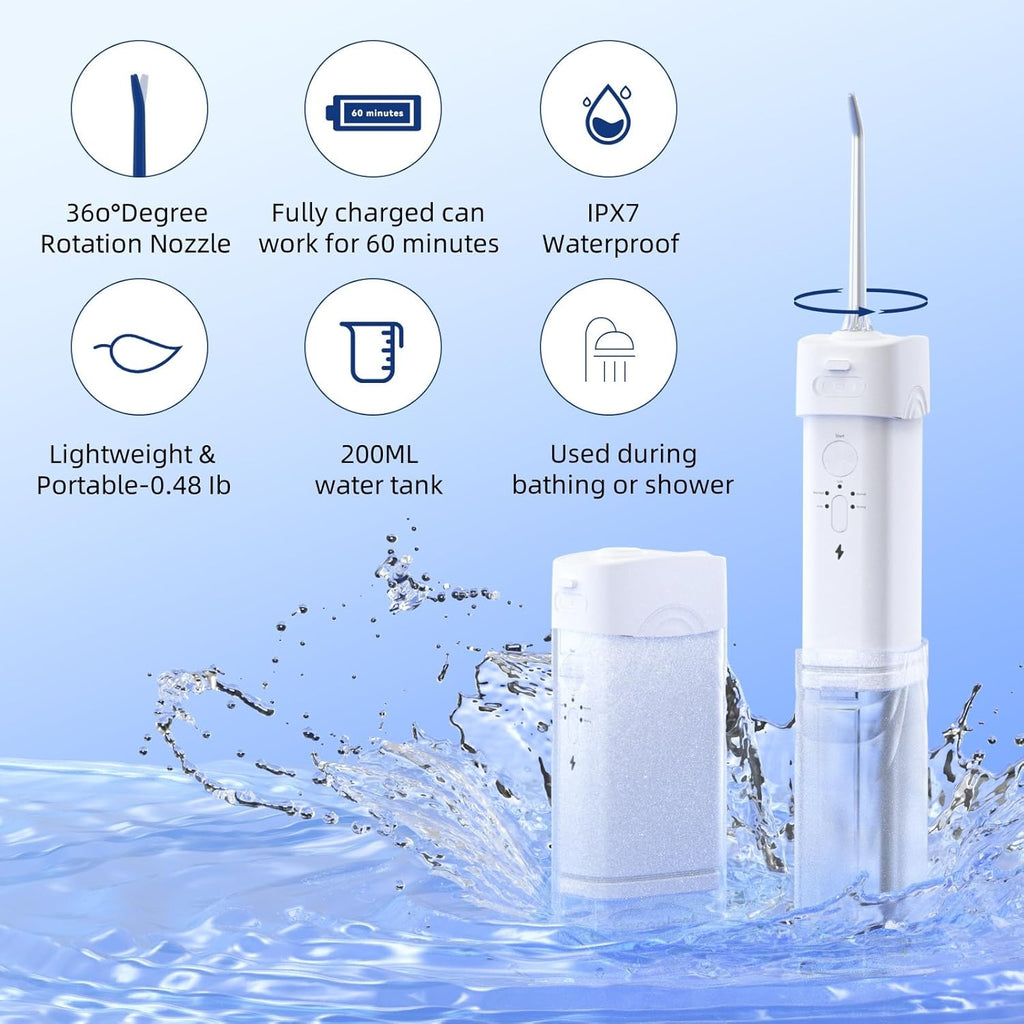 Portable Cordless Water Dental Flosser,Travel Size Collapsible Storage 5 Modes, 200 ML Telescopic Water Teeth Cleaner Pick, IPX 7 Waterproof Rechargeable,5 Jet Tips 360°Rotation (White)