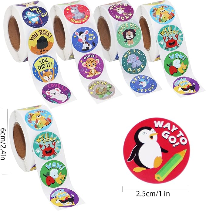 2000Pcs Reward Stickers, 4Rolls Animal Styles Teacher Motivational Sticker for School Classroom Supplies