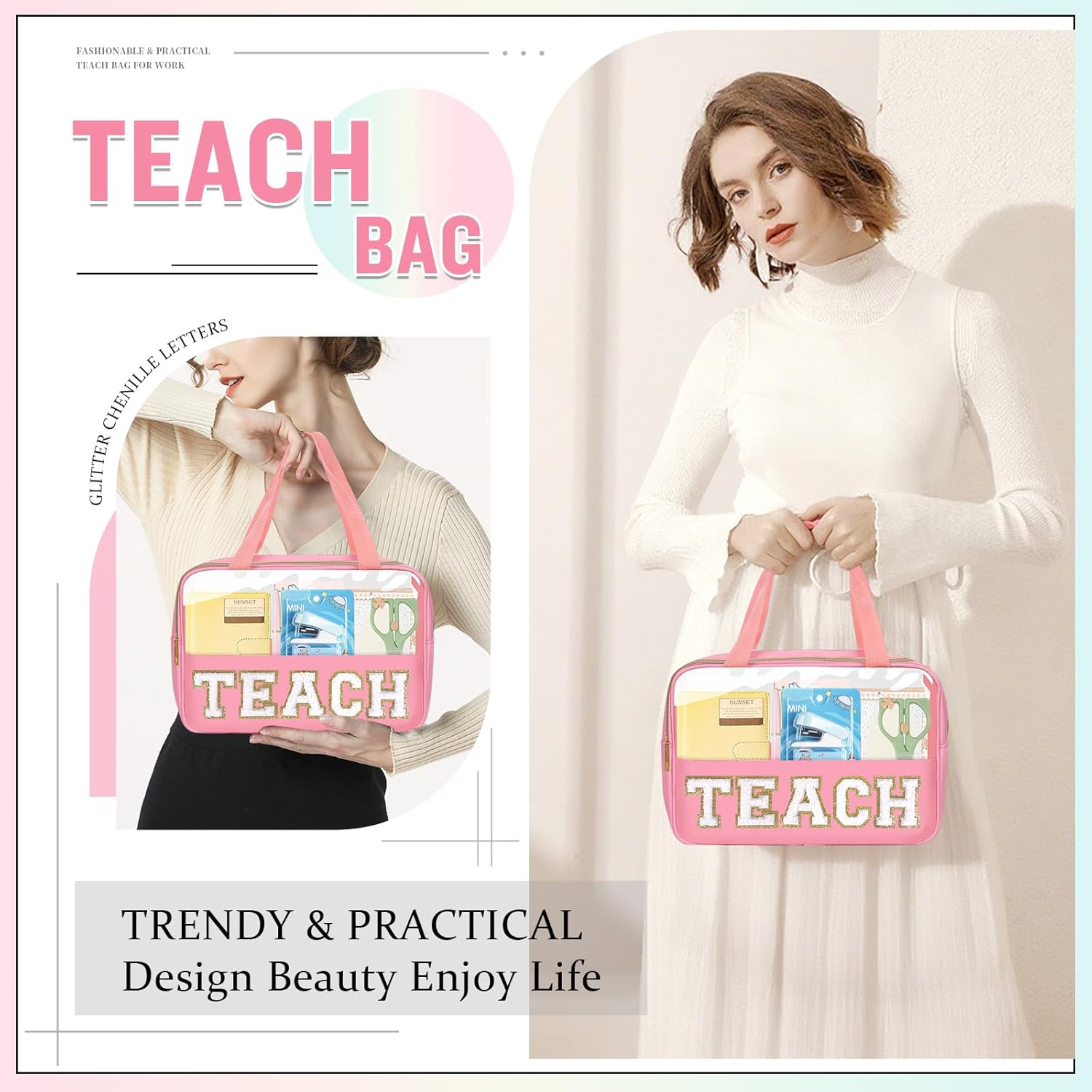 Teacher Appreciation Gifts Chenille Letter Clear Makeup Bag TEACH Pouch, Preppy Waterpoof Makeup Cosmetic Bag with Zipper Graduation Retirement Birthday Teacher Essentials Gifts for Women(TEACH-Pink)