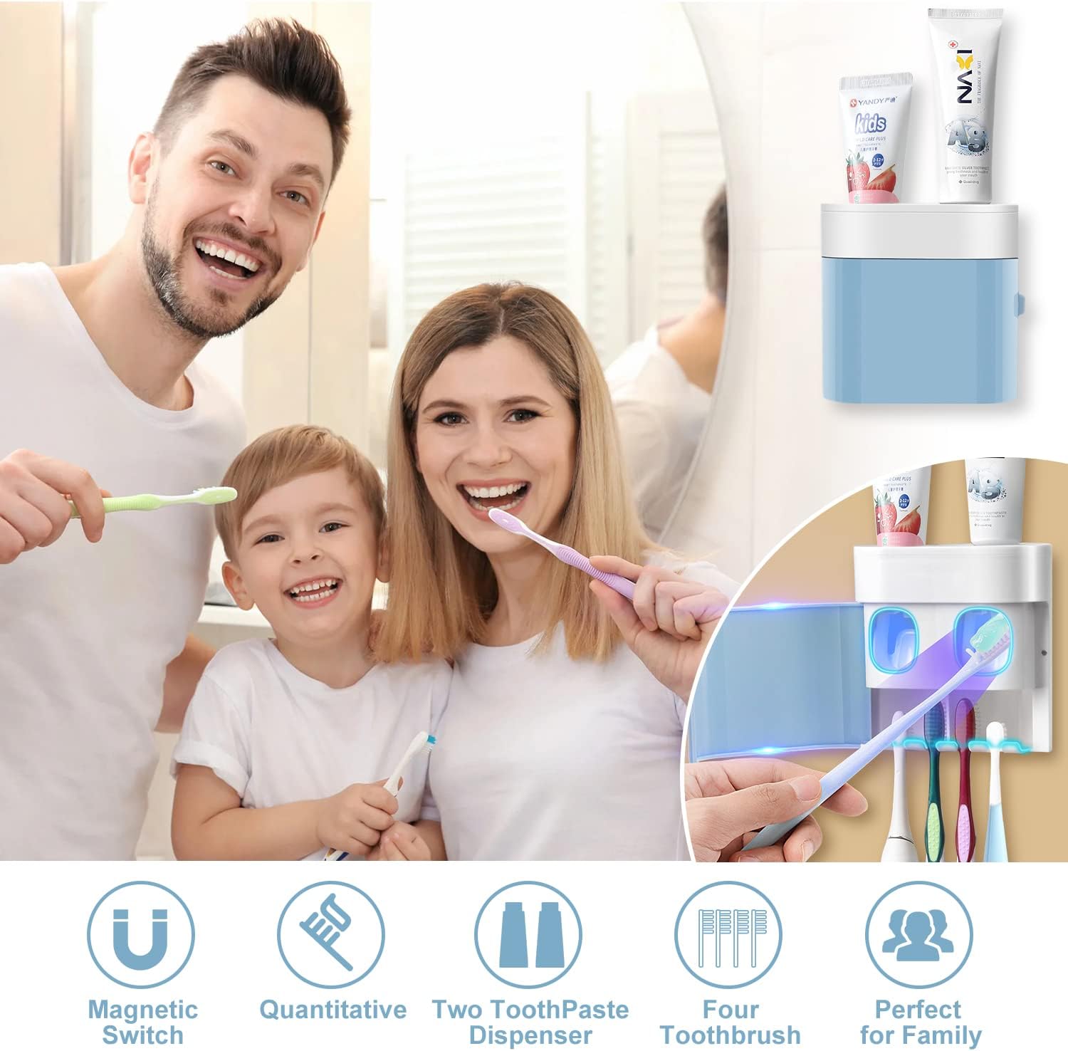 Toothbrush Holder Toothpaste Dispenser Wall Mounted with Cover, 4 Slots Electric Tooth Brush Storage Organizer with 2 Automatic Kids Toothpaste Squeezers for Shower Bathroom Blue, Self Adhesive