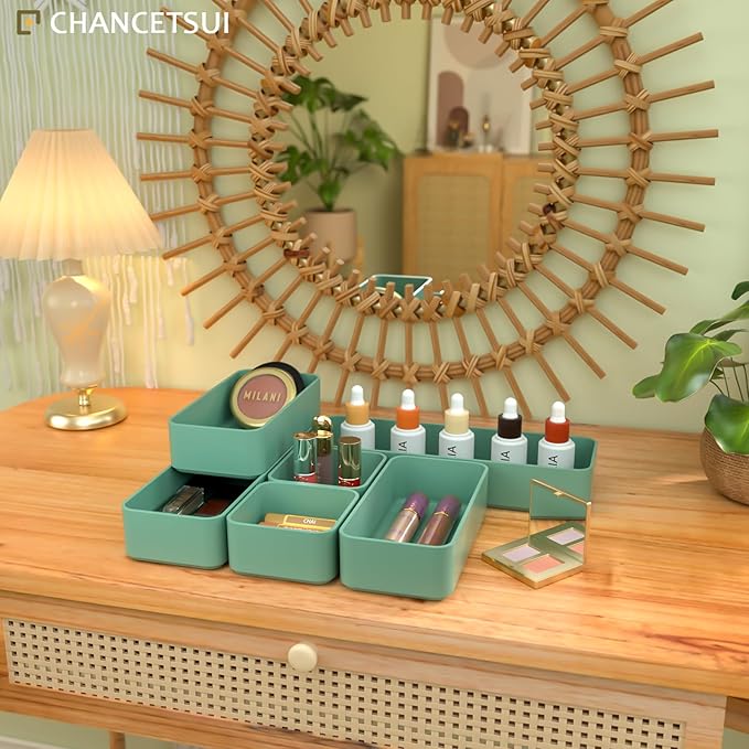 Organizer Drawers, Storage Plastic Desk Bins Stackable Organizers Tray, Bathroom Dividers Small Makeup Bin Clothes Organizing Trays for Containers Vanity Office Cabinet Desktop Compartment, Green