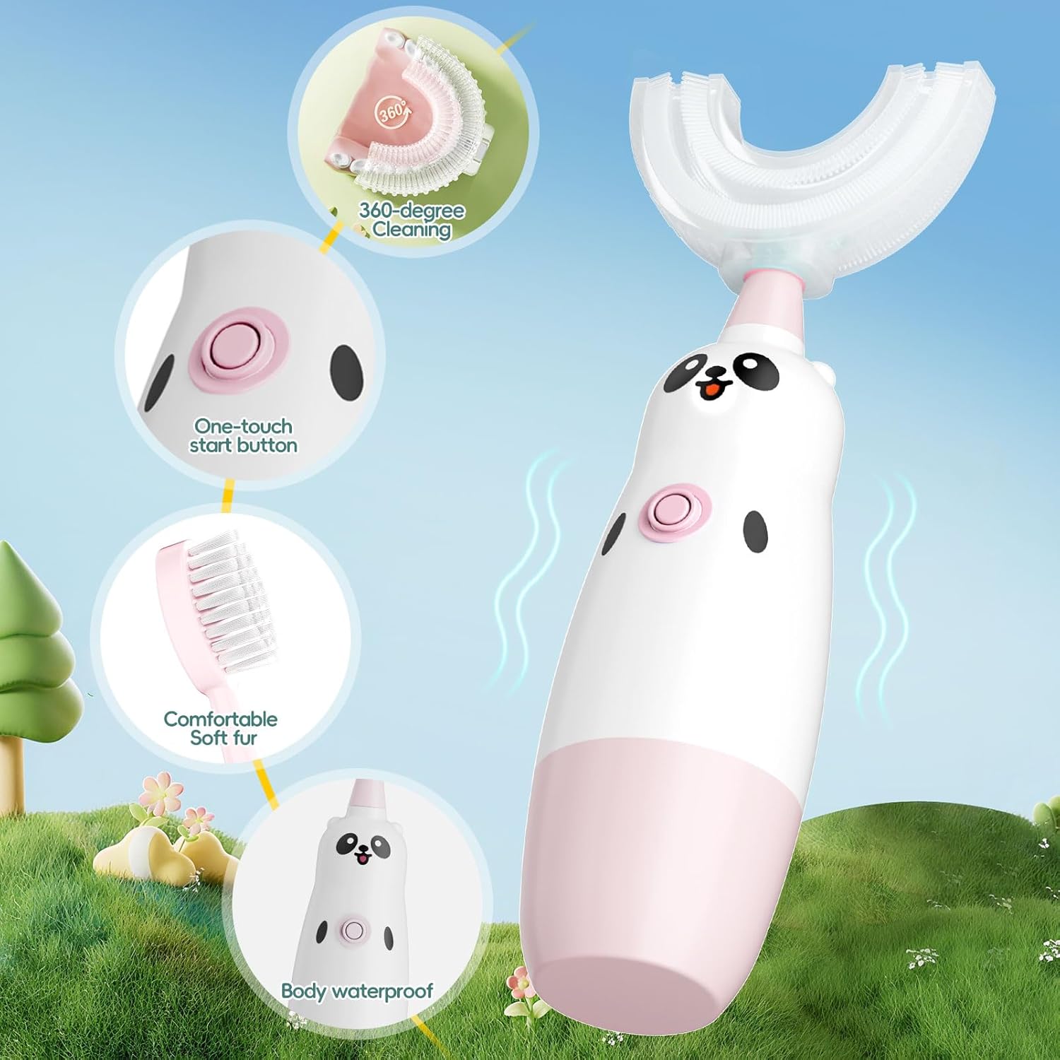 Kids U-Shaped Electric Toothbrush with 2 Brush Heads, Toddlers Sonic with 360 Degree Cleaning, Soft Bristles, Battery Included, IPX7 Waterproof, Cute cartoon for Girls and Boys, Ages 8-13 (Pink)