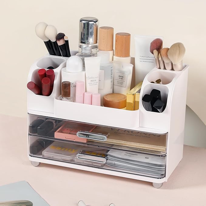 Makeup Organizer, Desk Organizer with 2 Large Drawers, Cosmetics Storage Box for nail polish,Lipstick, Brushes, Jewelry, Skincare, Bathroom Organization Boxes