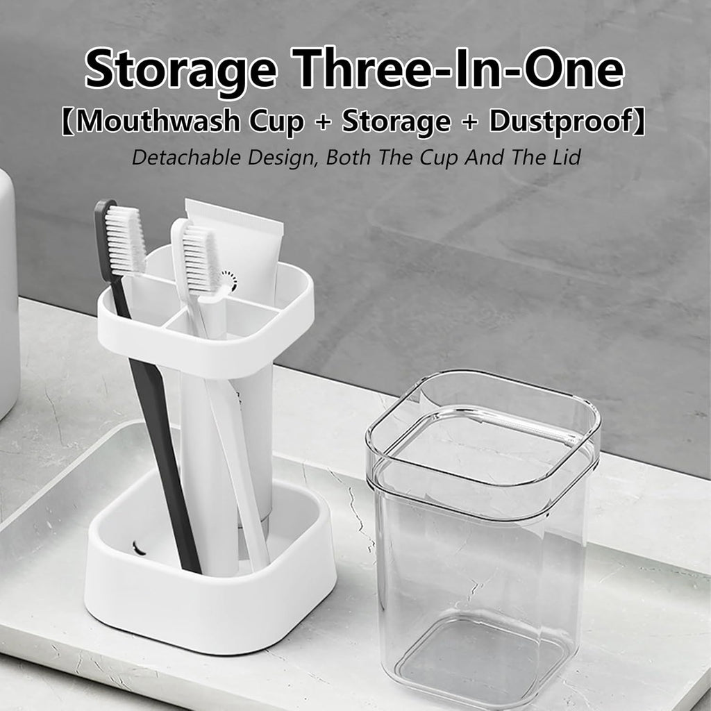 Toothbrush Holder with Cup/Cover, 3 Slots Toothpaste Holder Stand for Bathroom Countertop Plastic Storage Organizer for Toothbrushes, Electric Toothbrushes (White)