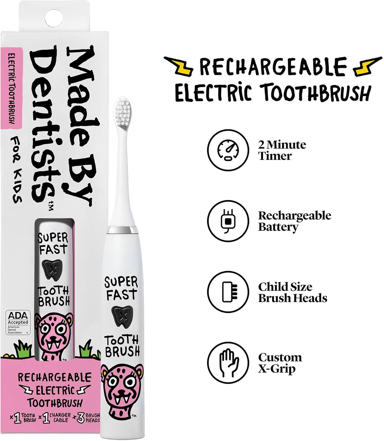Made by Dentists Kids Electric Toothbrush - Rechargeable Vibrating Toothbrush with Timer, Includes 6 Replacement Heads, Halloween Gifts for Kids, Girls and Boys, Kid & Toddlers Age 2+, Cheetah