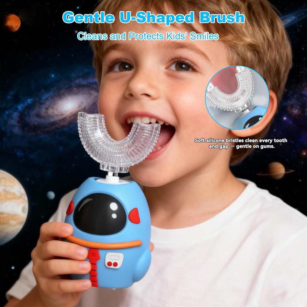FTOYIN Kids Electric Toothbrush, U Shaped Toothbrush with 4 Brush Heads, Ultrasonic 360° Cleaning, 5 Modes, Smart 45s Timer, IPX7 Waterproof (Ages 2–12)