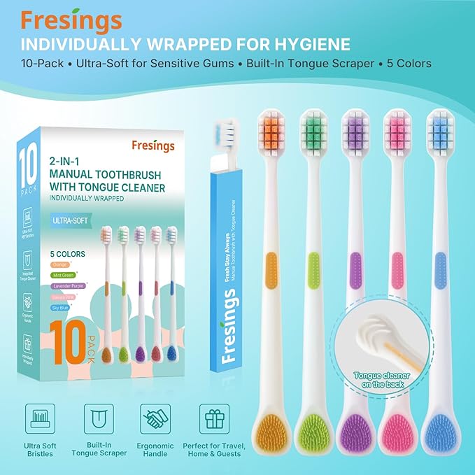 Ultra Soft Toothbrush Family Pack, 10 Pack for Adults & Kids – Sensitive Gum Care with 2-in-1 Tongue Scraper, Individually Wrapped for Travel, Guest & Home Use