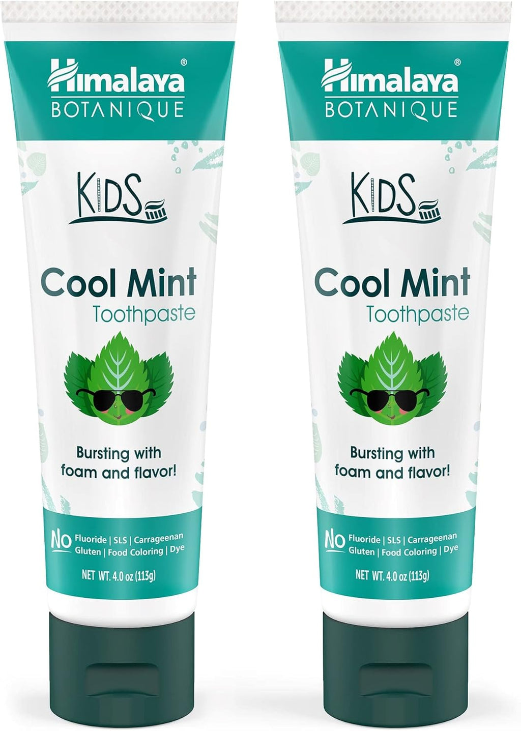 Himalaya Botanique Kids Toothpaste, Herbal, Cool Mint Flavor, Fights Plaque, Fluoride & SLS Free, Gentle, No Artificial Colors, Gluten & Cruelty Free, Vegan, Foaming, 4 Oz, 2 Pack
