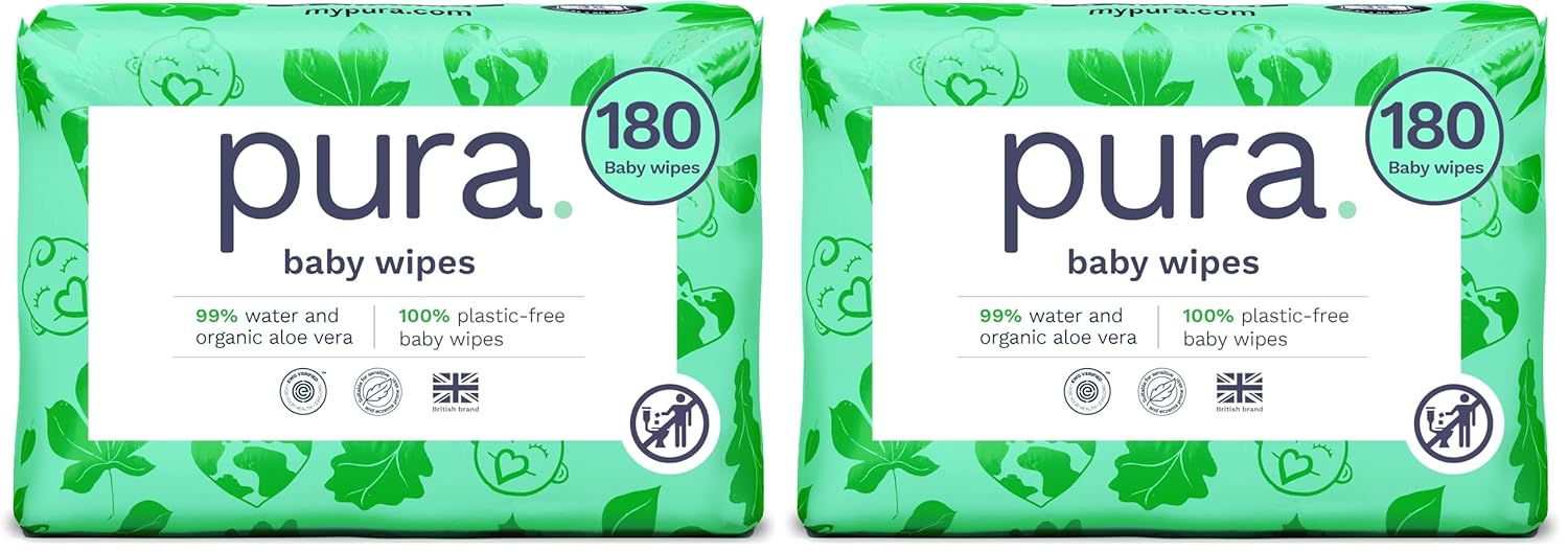 Pura Baby Wipes 3 x 60 per pack (180 Wipes) 100% Plastic-Free & Plant Based Wipes, 99% Water, Suitable for Sensitive & Eczema-prone Skin, Fragrance Free & Hypoallergenic, EWG, Cruelty Free (Pack of 2)