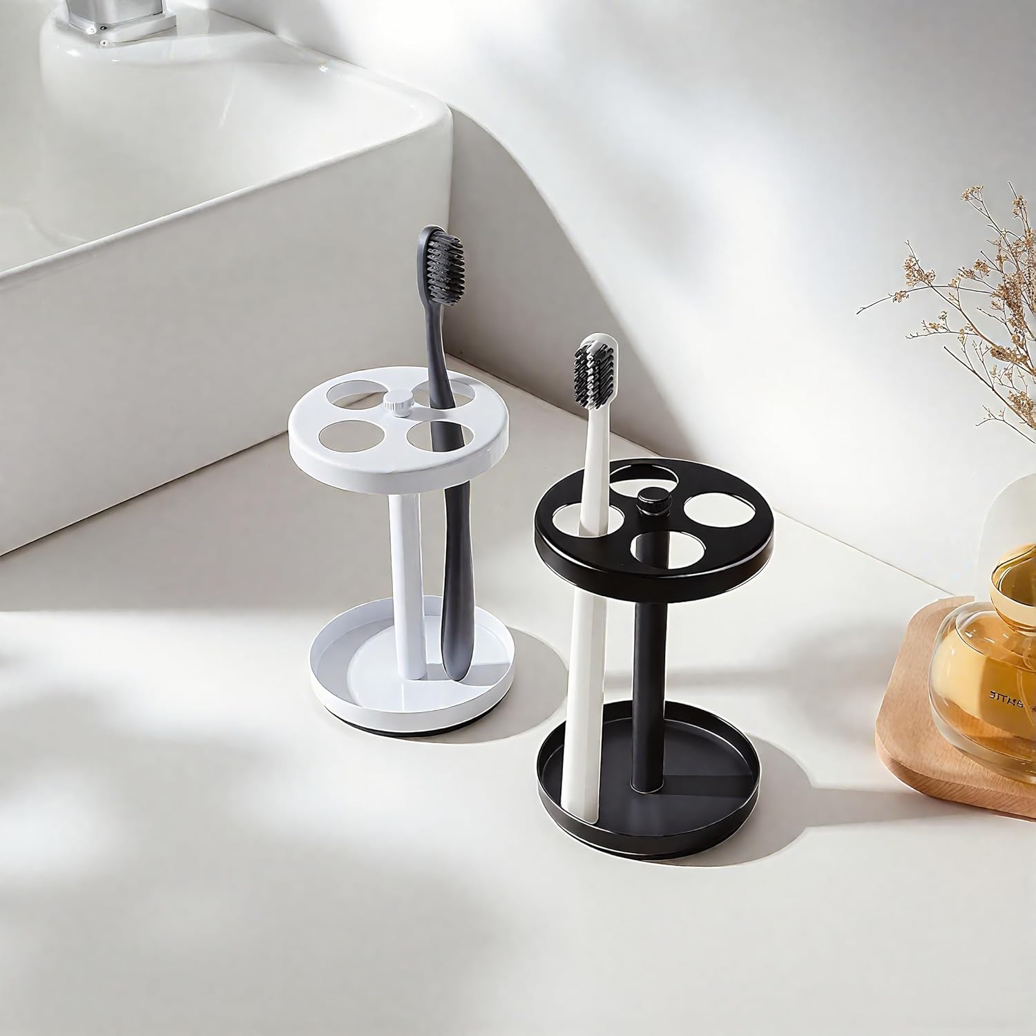 White Stainless Toothbrush Holder Stand: Rustproof Bathroom Countertop Organizer, 4 Ventilated Slots Hold Manual Toothbrushes, Razor