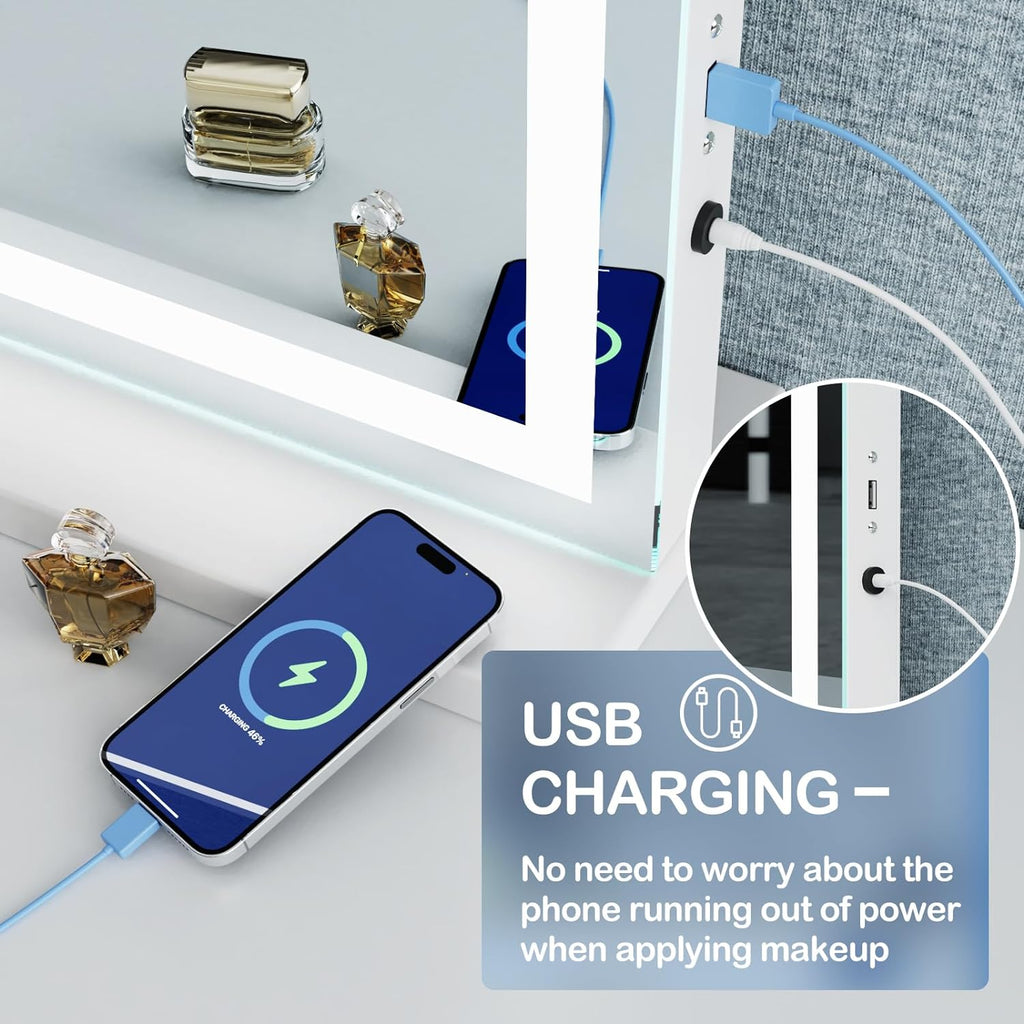 Makeup Vanity Mirror with USB Charging Port 24" x 19" Large LED Makeup Mirror, Desk Mirorr with Lights, Light up Mirror with 10X Magnification and, Dimmable 3 Modes, Touch Control White