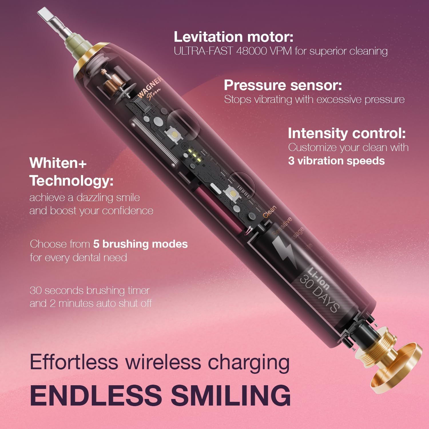 Wagner Stern WHITEN+ Edition. Whitening Electric Toothbrush with Pressure Sensor. Offers 5 Brushing Modes, 3 intensities, 8 Soft Brush Heads, and a Luxury Travel case.