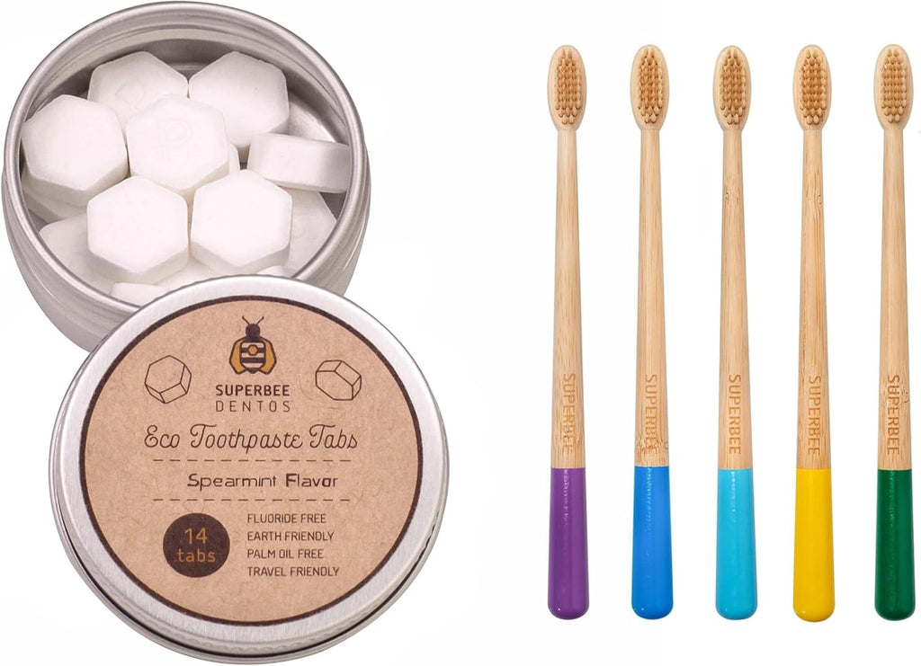 SuperBee Dentos Toothpaste Tablets & Biodegradable Bamboo Toothbrushes, 14 Tabs, Fluoride Free & Eco Friendly, Travel Mouthwash Tablets, Sensitive Bites Kids Adults