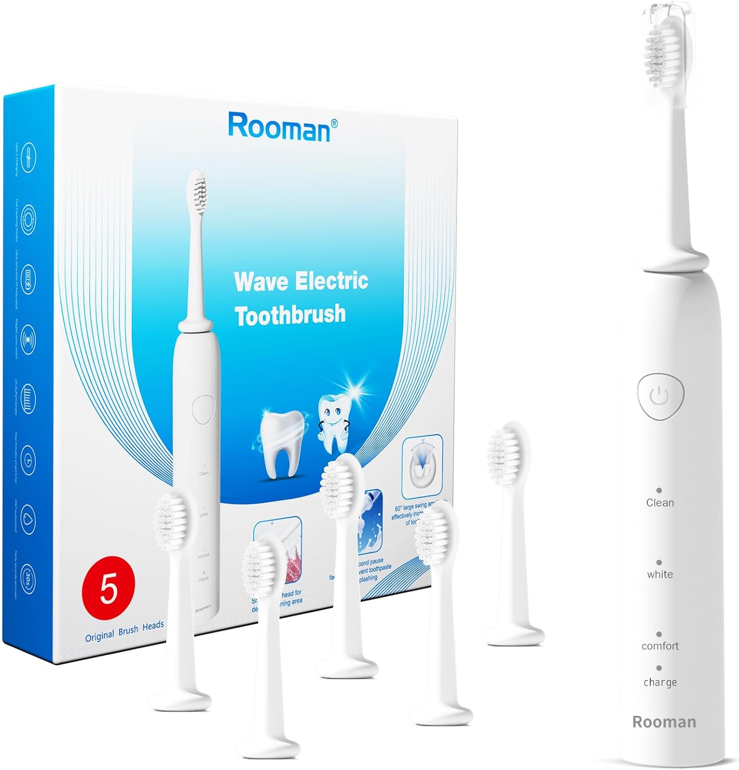 Rooman Oscillation&Vibration Sonic Electric Toothbrush for Adults, with 5 Brush Heads for Travel & Teeth Care, 20000 VPM, 3 Cleaning Modes, 2-Minute Timer, IPX7 Waterproof (White)