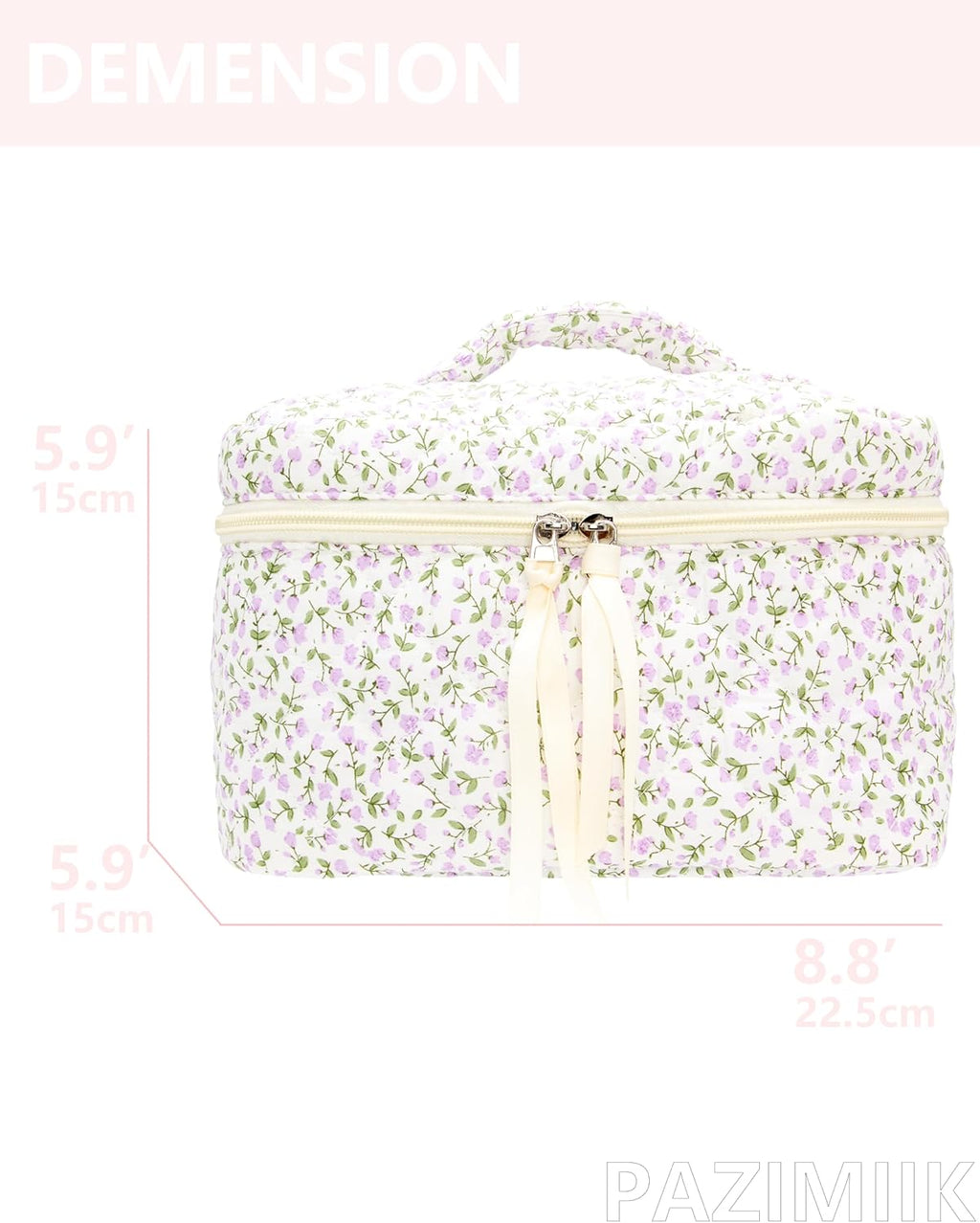 PAZIMIIK Quilted Makeup Bag Large Travel Zipper Soft Cosmetic Case for Women Girls Make Up,Floral Purple