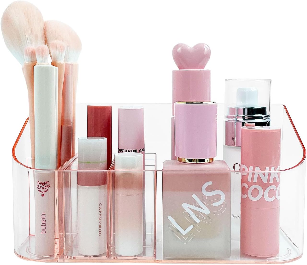 SUNFICON Makeup Holder Tray Organizer Cosmetic Display Case Tabletop Desktop Vanity Countertop Bathroom Wall Cabinet Medicine Storage Box 9 Dividers 2 Removable for Womens Ladies Girls Crystal Pink