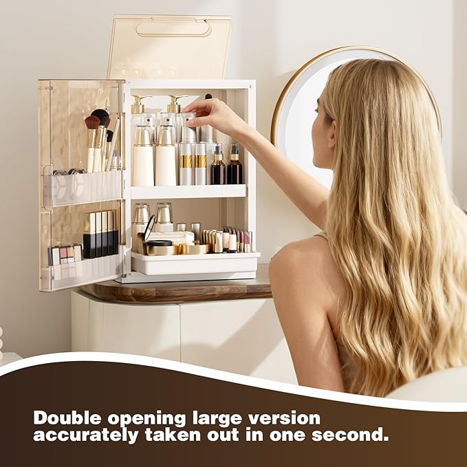 Makeup Organizer with Drawers,Skincare Organizer for Vanity,Large Cosmetic Display Case with Handle,Storage Organizers with Cover and Makeup Brush Holder for Dresser, Bathroom Countertop