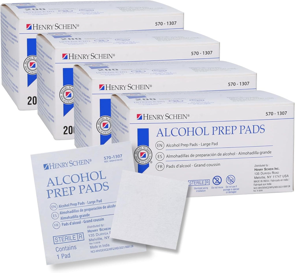 Henry Schein Large Alcohol Prep Pads (4 Boxes, 800 Total) – 70% Isopropyl Alcohol Wipes, Individually Wrapped – 2-Ply, Textured – Skin Prep Alcohol Swabs – Sterile Pads