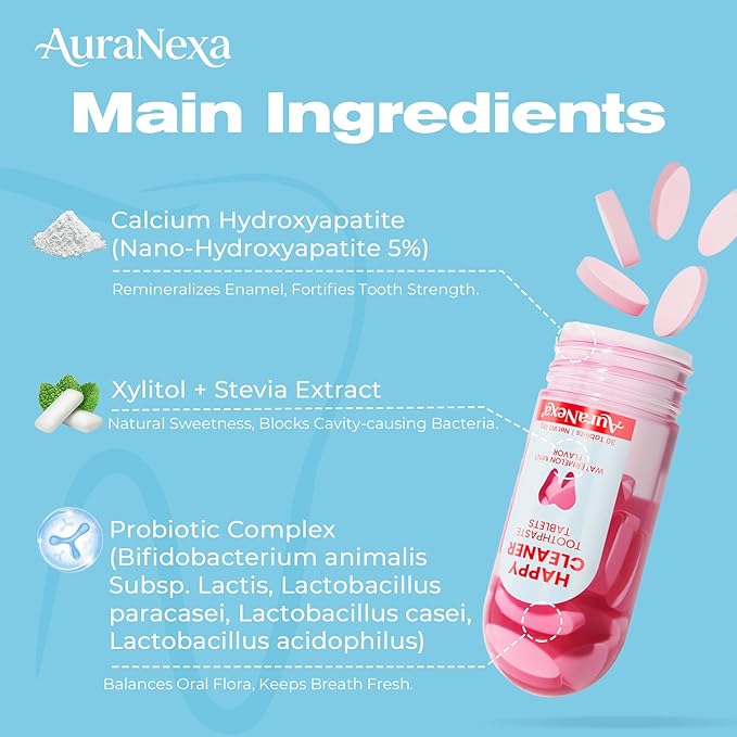 Happy Cleaner Toothpaste Tablets – Mixed Pack (Watermelon Mint + Mint Lime), Fluoride-Free, Nano Hydroxyapatite, Travel-Friendly Chewable Toothpaste, 60 Tablets Total