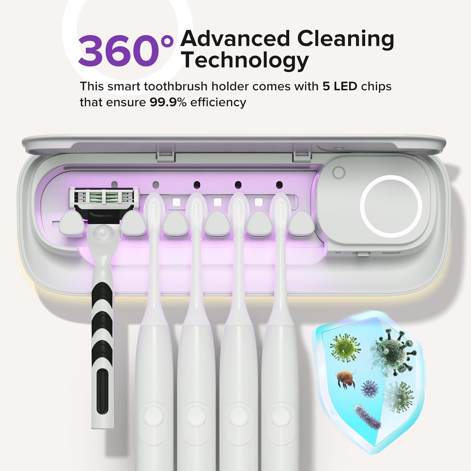 Toothbrush Holders Wall Mounted,5 Slots Tooth Brush Holder for Bathroom,Rechargeable Toothbrush Cleaner with Drying Function,Electric Toothbrush Holder with Cover (White)