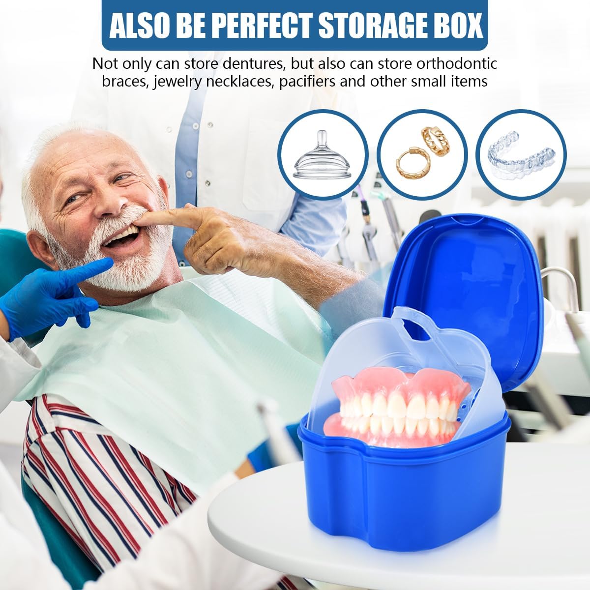 3 Pack Colors Denture Bath Case Cup Box Holder Storage Soak Container with Strainer Basket for Travel Cleaning (White, Blue, Light Blue)