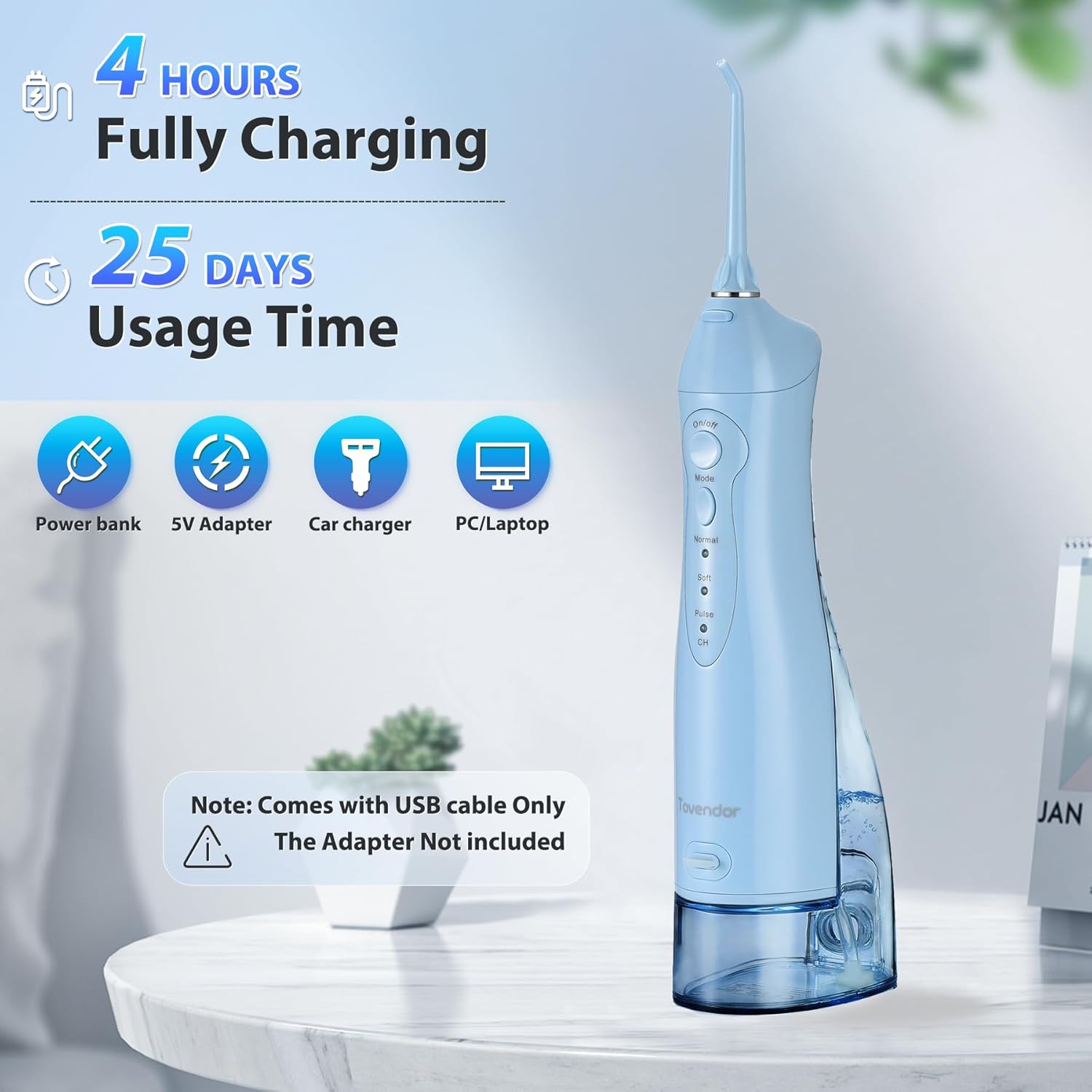 TOVENDOR Electric Water Flosser, Cordless Rechargeable Dental Oral Irrigator IPX7 Waterproof 300ML Travel Water Teeth Cleaner with 5 Tips for Braces Care Teeth Gums Cleaning, Home Office Daily Use
