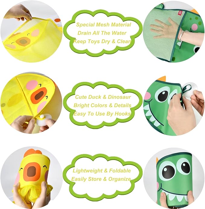 2 Pack Mesh Bath Toy Organizer, Anberky Cute Duck & Dinosaur Bath Toy Storage Net Bathtub Toy Organizer, Perfect Bathroom Hanging Storage Bag Quick Dry Bath Toy Holder Bag with 8 Strong Hooks (#A)
