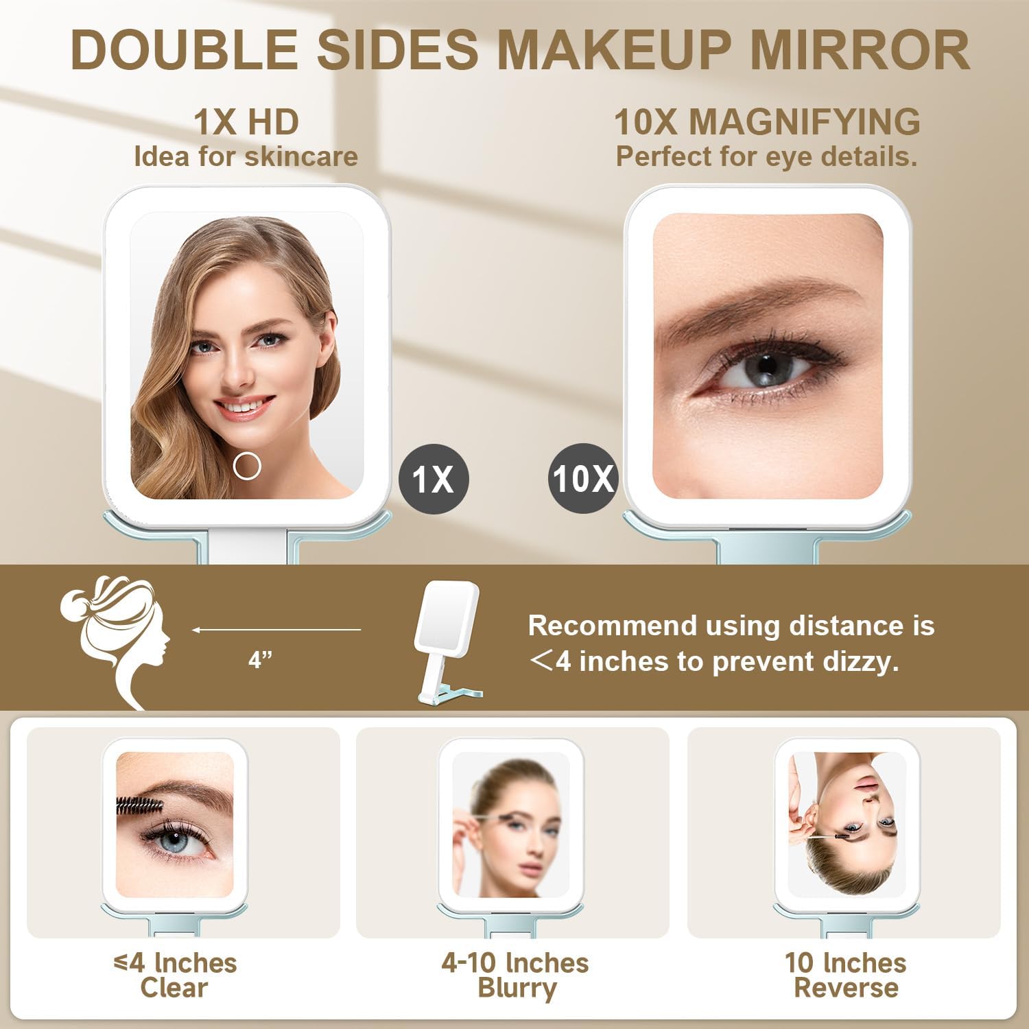 Mocado Travel Makeup Mirror with Lights,10X/1X Magnifying Mirror with Light, Double Sided Travel Mirror with 3 Color Light,Dimmable Touch, Lighted Makeup Mirror for Tabletop, Handheld, Hanging(Blue)