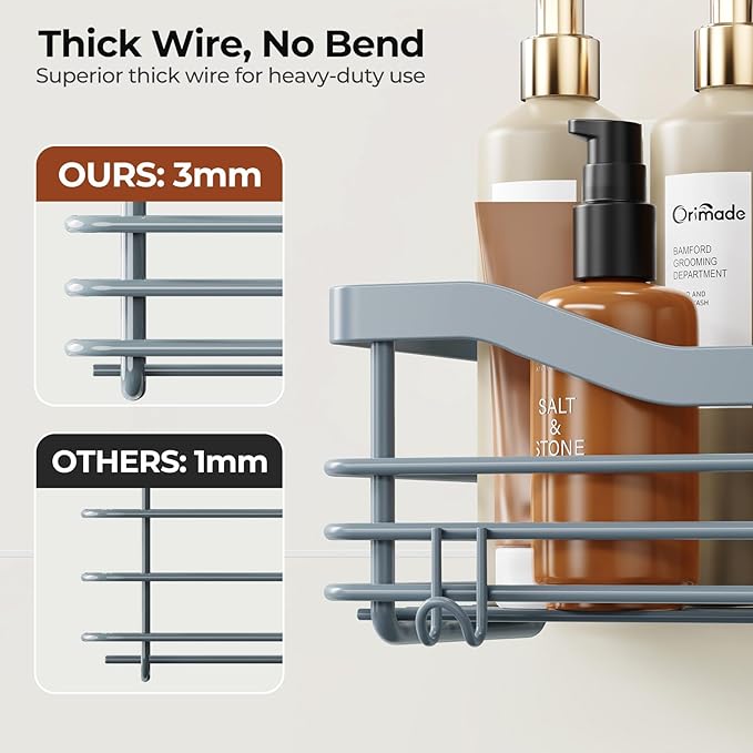 Orimade Shower Caddy Basket Shelf Storage Rack, No Drilling Wall Mounted Adhesive Rust Proof Stainless Steel Shower Organizer with 5 Hooks for Bathroom, Light Blue Grey 2 Pack