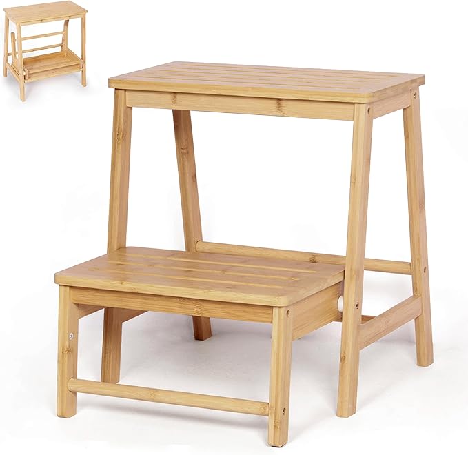 Bamboo Folding Climbing Step Stool, 2 Step Ladder Multi-Functional Stair Chair with Sturdy Structure, Non-Slip Step Pads, Wide Stepping Surface for Safety, Simple Folding Stool for Bathroom, Kitchen
