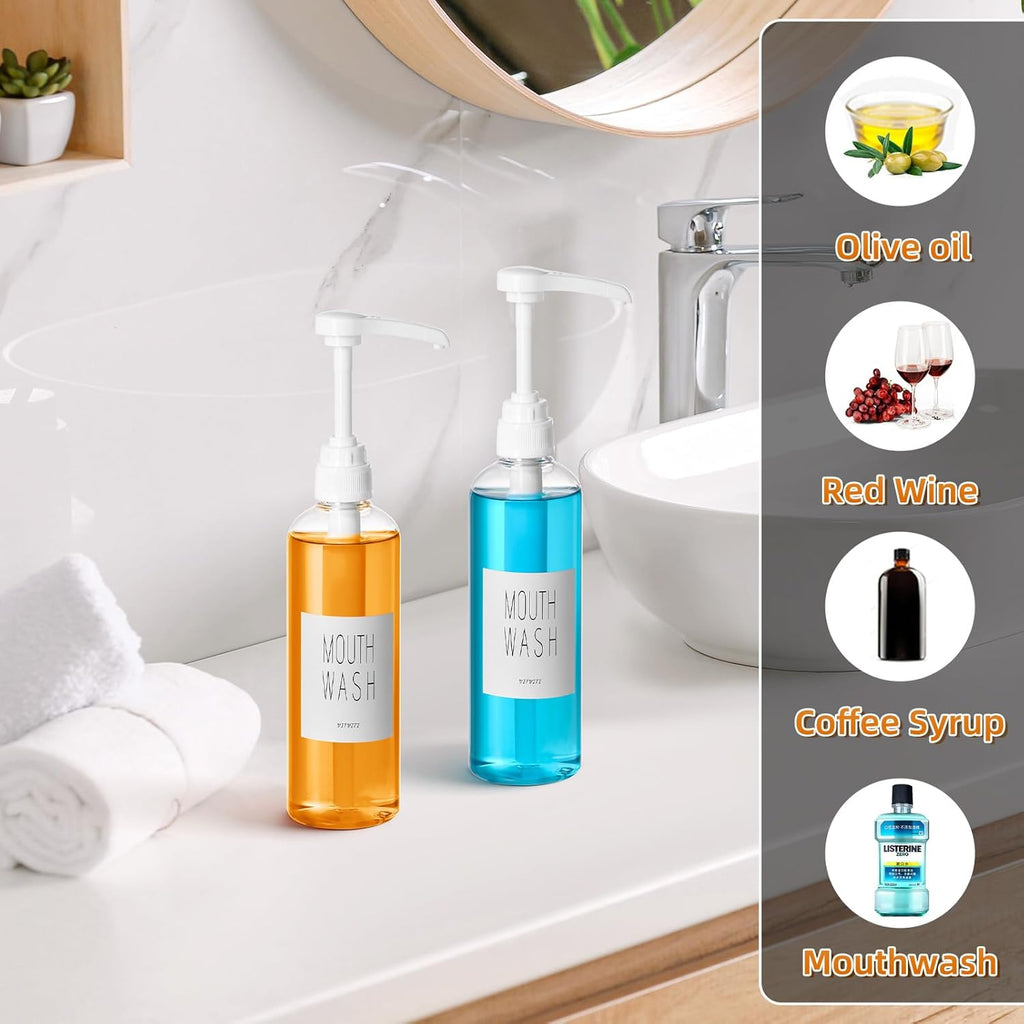 VITVITI Plastic Mouthwash Dispenser for Bathroom, 17 OZ Pump Mouth Wash Container Bottle with Cup, Clear Refillable Mouthwash Dispenser with Labels, Set of 2