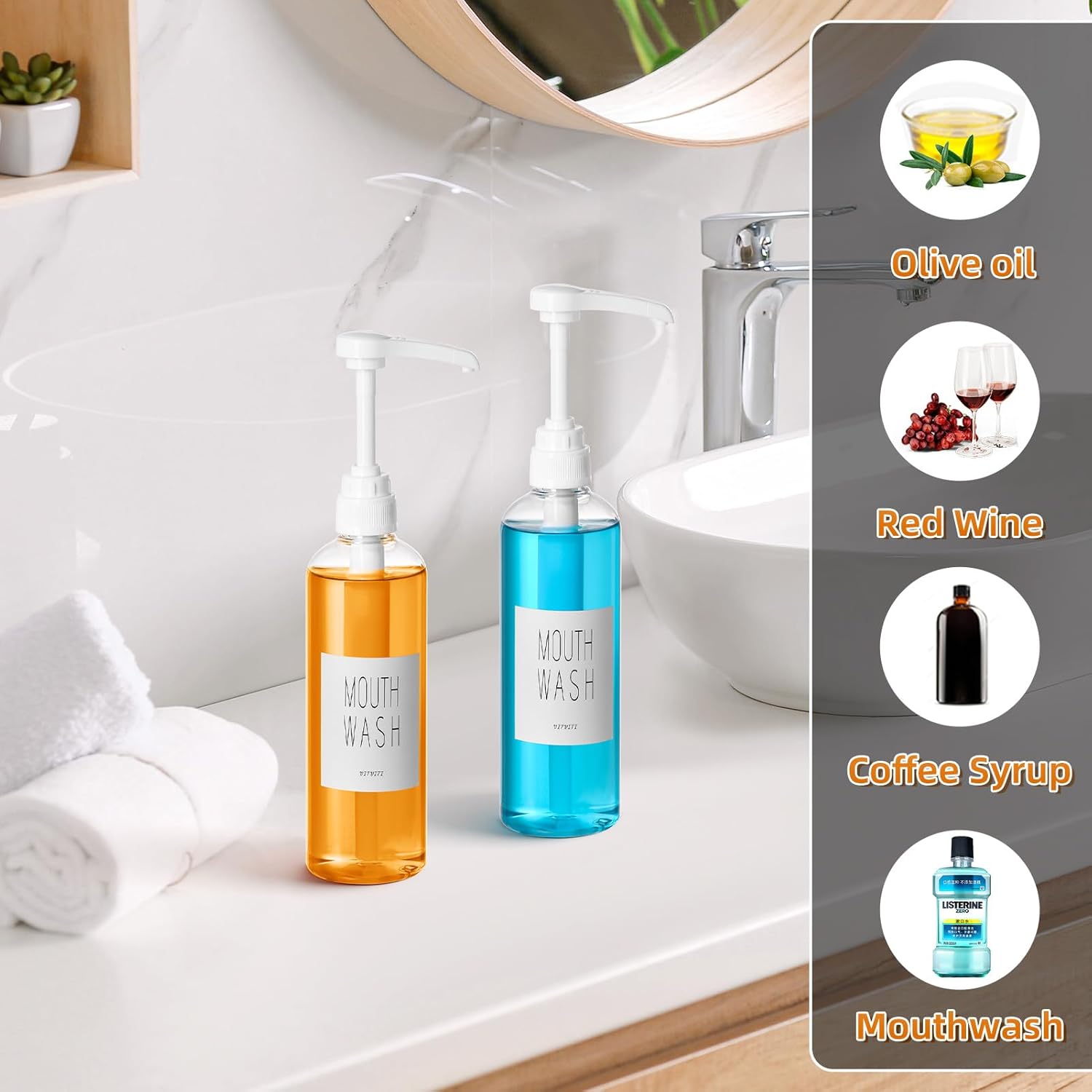 VITVITI Plastic Mouthwash Dispenser for Bathroom, 17 OZ Pump Mouth Wash Container Bottle with Cup, Clear Refillable Mouthwash Dispenser with Labels, Set of 2