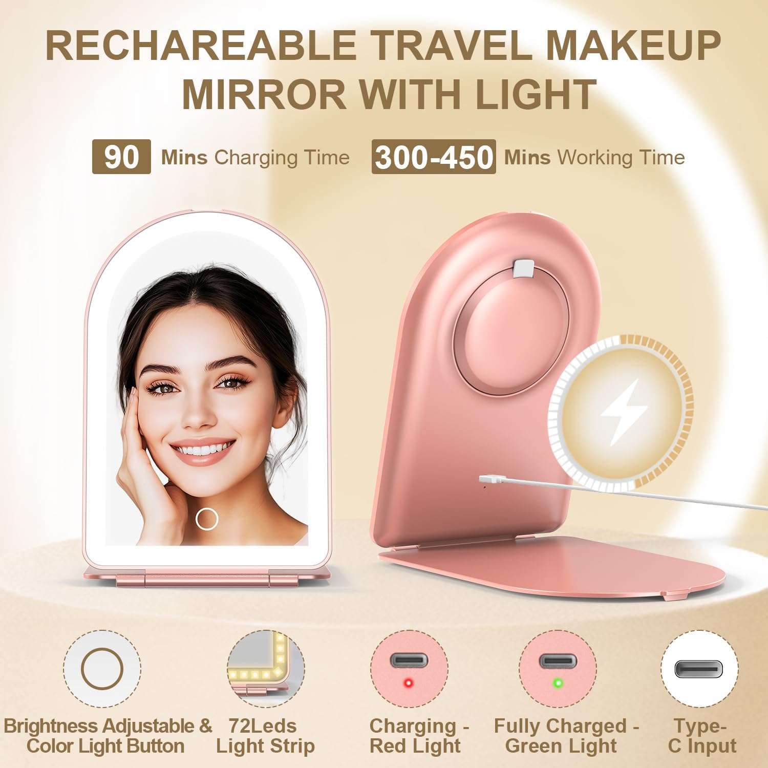 Mocado Travel Makeup Mirror with Light, 1x/10x Magnifying Mirror with Light, 3 Colors Lighted Magnifying Mirror, 2000mAh Rechargeable Lighted Makeup Mirror, Memory Function (Arched-Rose Gold)