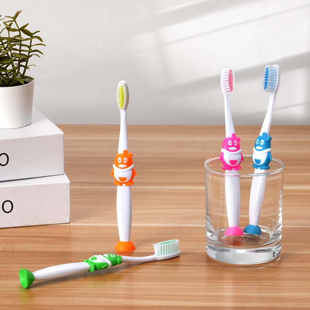 100 Pack Kids Toothbrush Soft Bristles Toddler Cute Toothbrush Bulk with Suction Cup, Includes Travel Covers, Individually Wrapped Toothbrushes for Kid Home School Daycare Camp (Penguin)