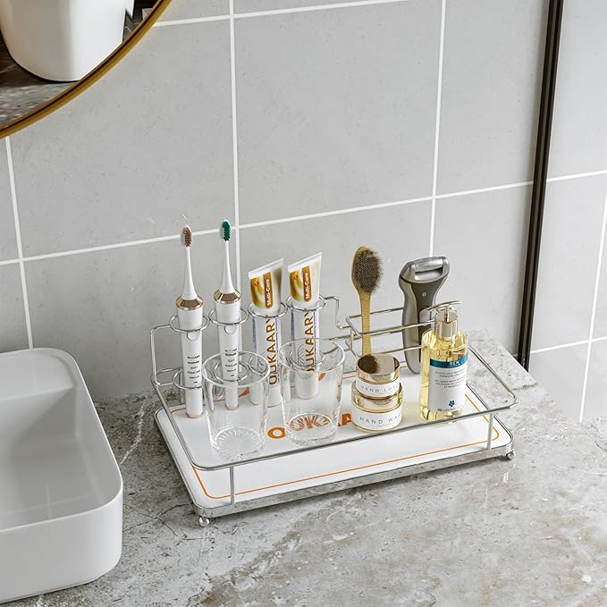 Toothbrush holderLarge Bathroom Organizer with 6 Slots Fast Drying Toothbrush, Cup & Makeup Storage for Sink Countertop,Electric & Manual Toothbrushes, Water Absorbent Diatomaceous Earth