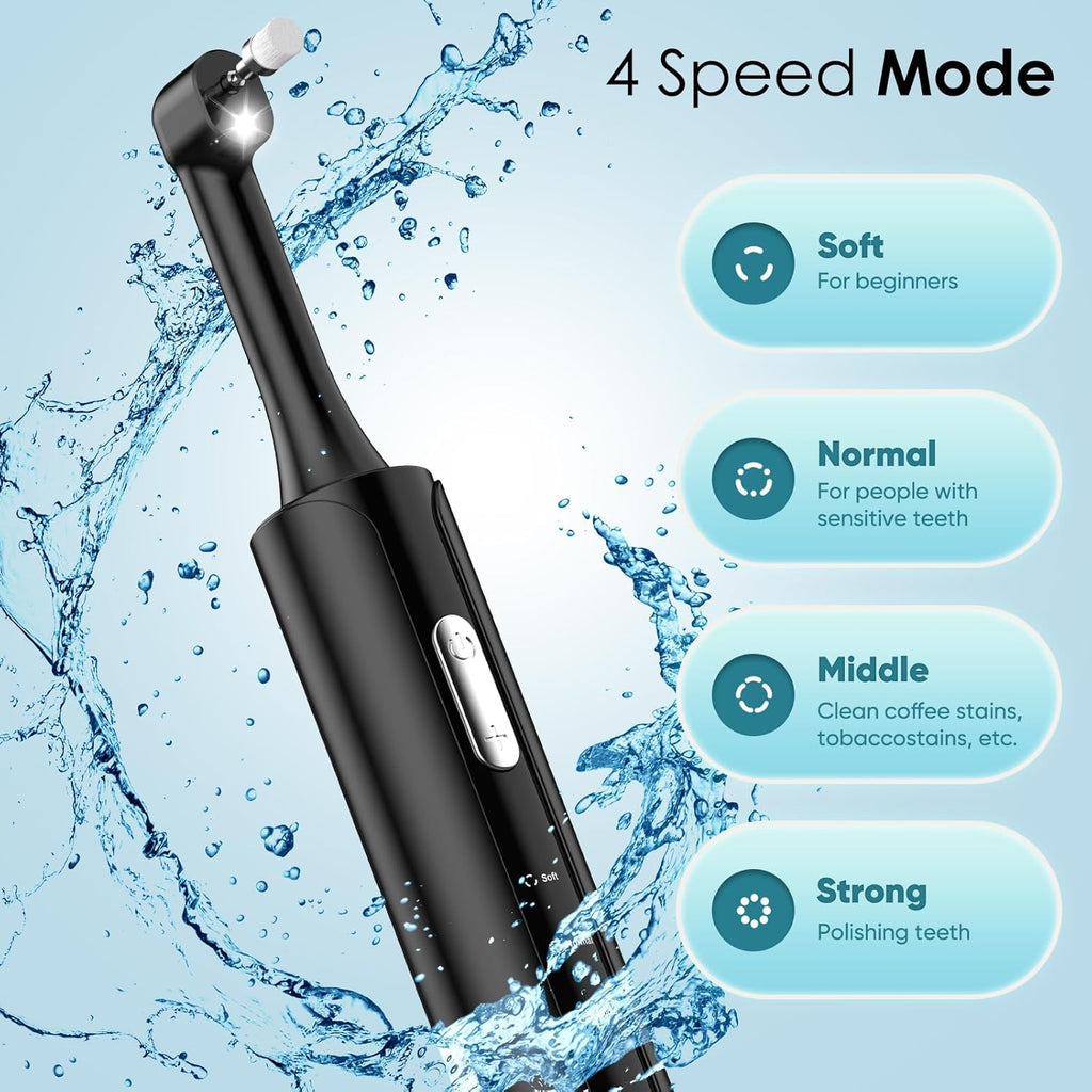 Tooth Polisher, Rechargeable Teeth Polisher with 5 Brush Heads, 4 Speed Modes, Tooth Whitening Kit for Cleaning and Polishing, LED Light, 3 Polish Pastes, IPX6 Waterproof Teeth Cleaning Tools, Black