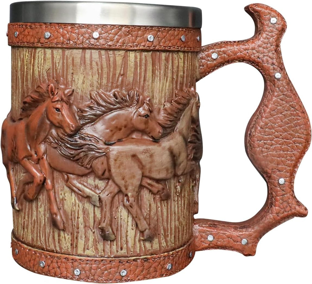 Wooden Barrel Beer Mug, 20oz Stainless Steel Horse Mug Coffee Cup Horses Gifts for Women Men Gift for Birthday Christmas, Gothic Decor Party Decoration Drinkware Gift