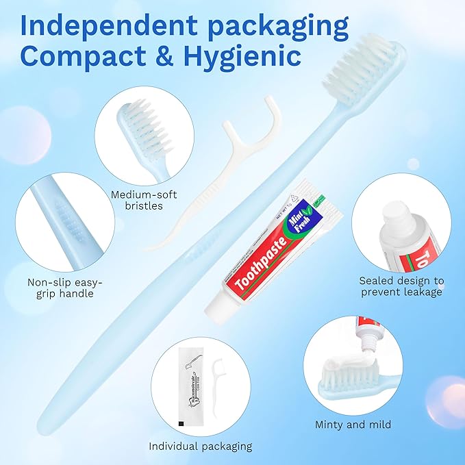 Disposable Toothbrushes with Toothpaste, Travel Toothbrush Kit, Individually Packaged, Light Blue, with Floss Picks, Suitable for Hotel, Home, Camping, Travel (50-Pack)