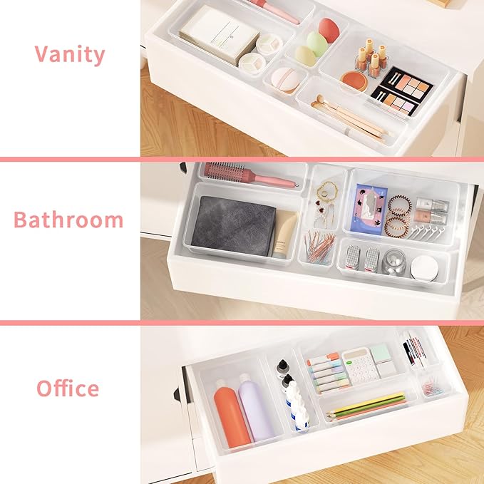 25 PCS Plastic Drawer Organizer Set, 4-Size Clear Bathroom and Vanity Desk Drawer Organizer Trays, Non-Slip Versatile Storage Bins for Makeup Jewelry Office Kitchen Gadgets