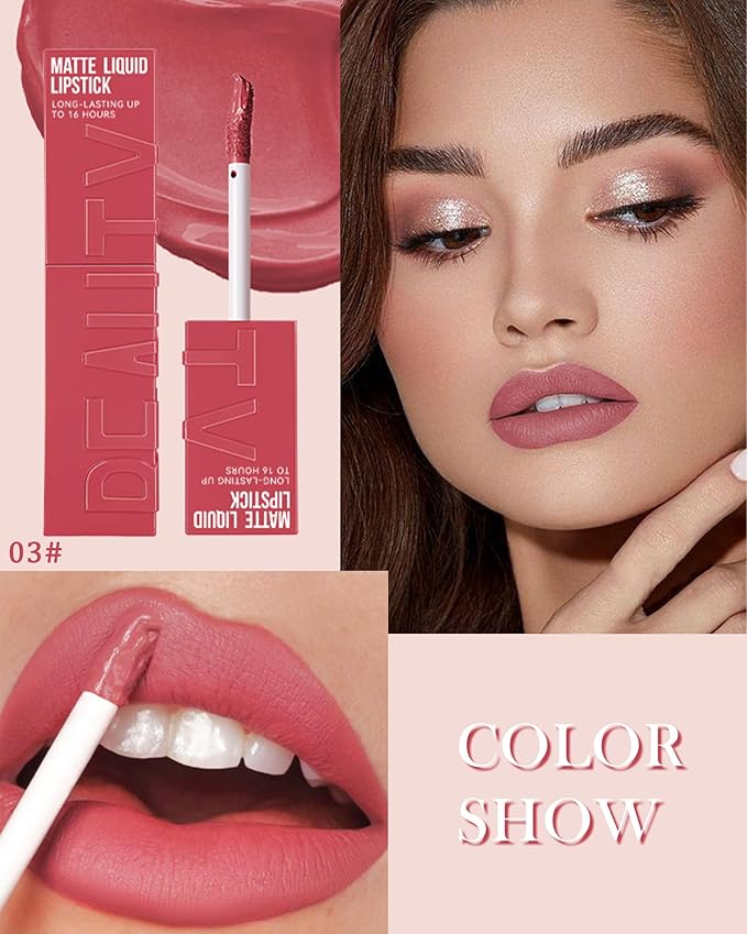 Matte Liquid Lipstick for Women, 1Pcs Highly Pigmented Color Lip Stain Tint, Super Velvet Matte Lip Gloss, Up to 16H Wear, Long Lasting Waterproof Non-Stick Cup Lip Makeup-03# Pink Neutral