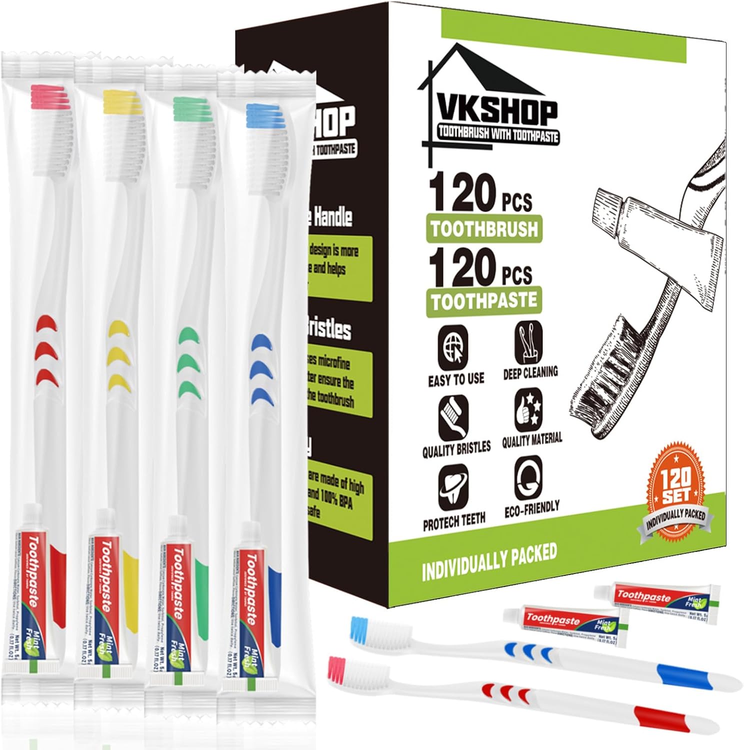 120 Pack Disposable Toothbrushes with Toothpaste, Individually Wrapped for Adults, Travel, Hotel, Donation, Homeless Shelters, OCC Care Packages - Medium Bristle (White)