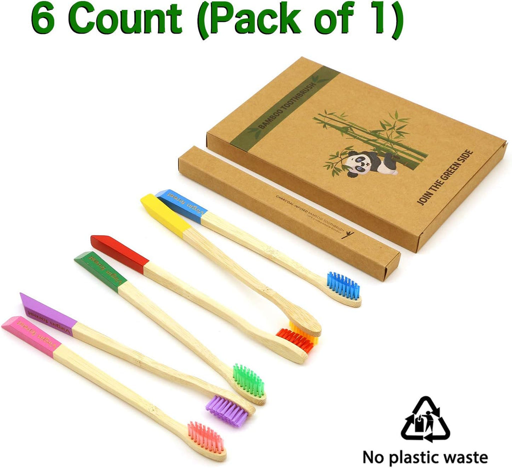 Virgin Forest Bamboo Toothbrush, Natural Eco Friendly Wood Toothbrushes, Biodegradable Charcoal Tooth Brush, Pack of 6