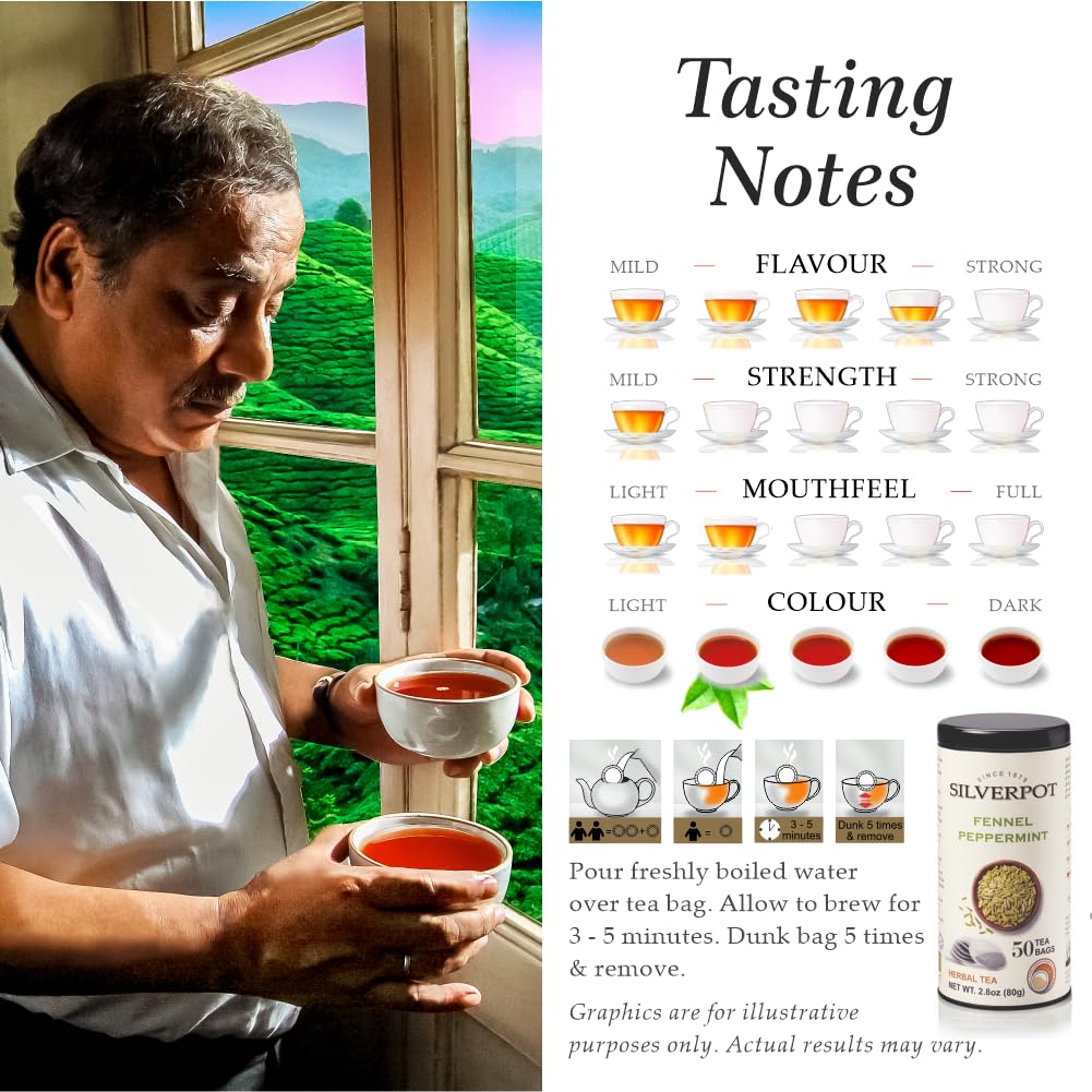 Silverpot Fennel & Peppermint - 50 Round Tea Bags | Naturally Caffeine Free | Fennel Seeds, Cooling Mint | Reusable Tin